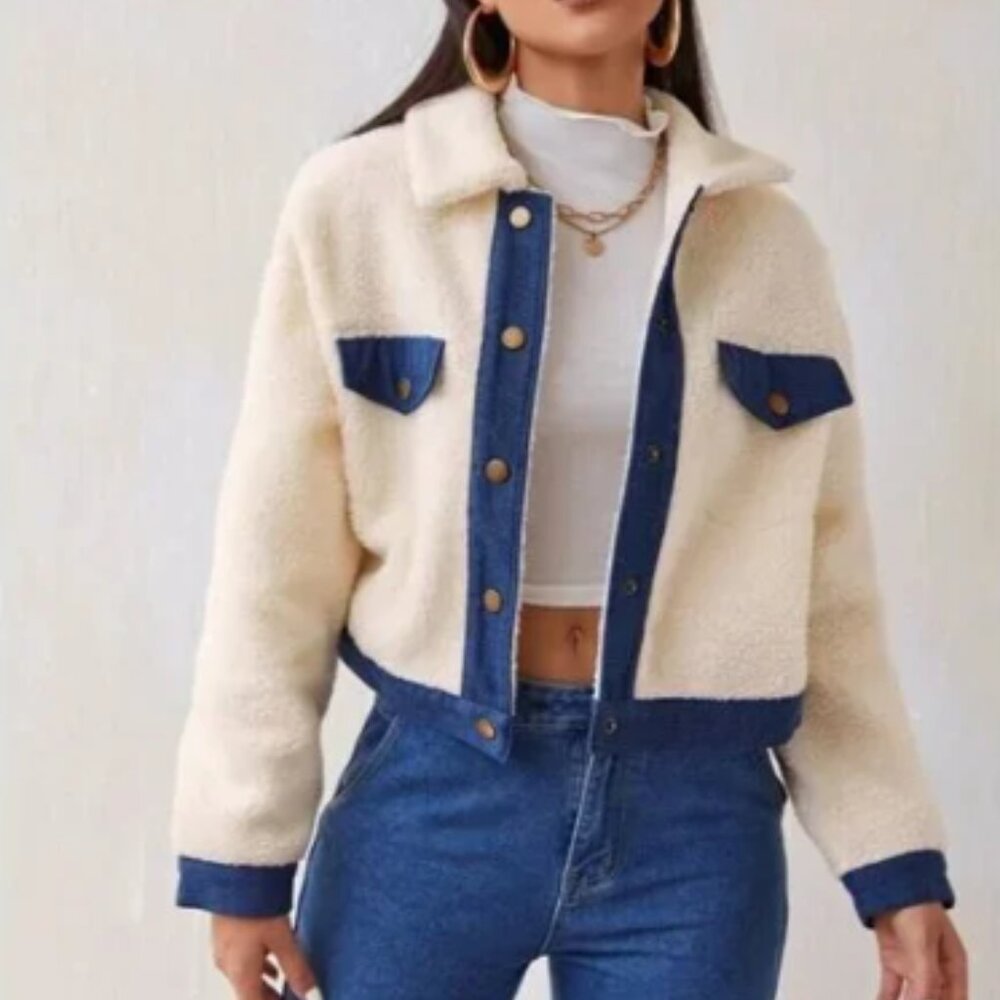 Jolie & Joy Sherpa Jacket Medium Cream White Denim Trim Shacket Streetwear